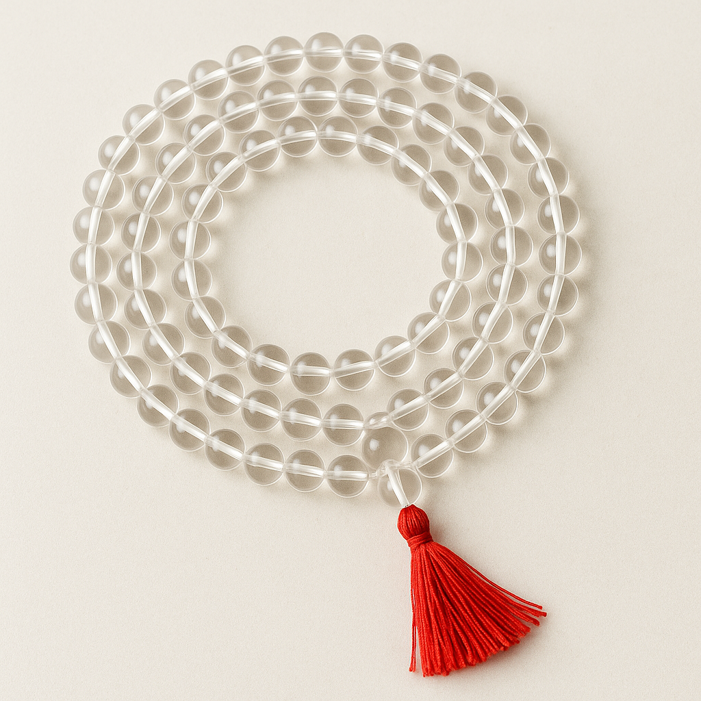 108 Beads Natural Sphatik (Safteek) Jaap Mala with Red Tassel for Meditation & Healing