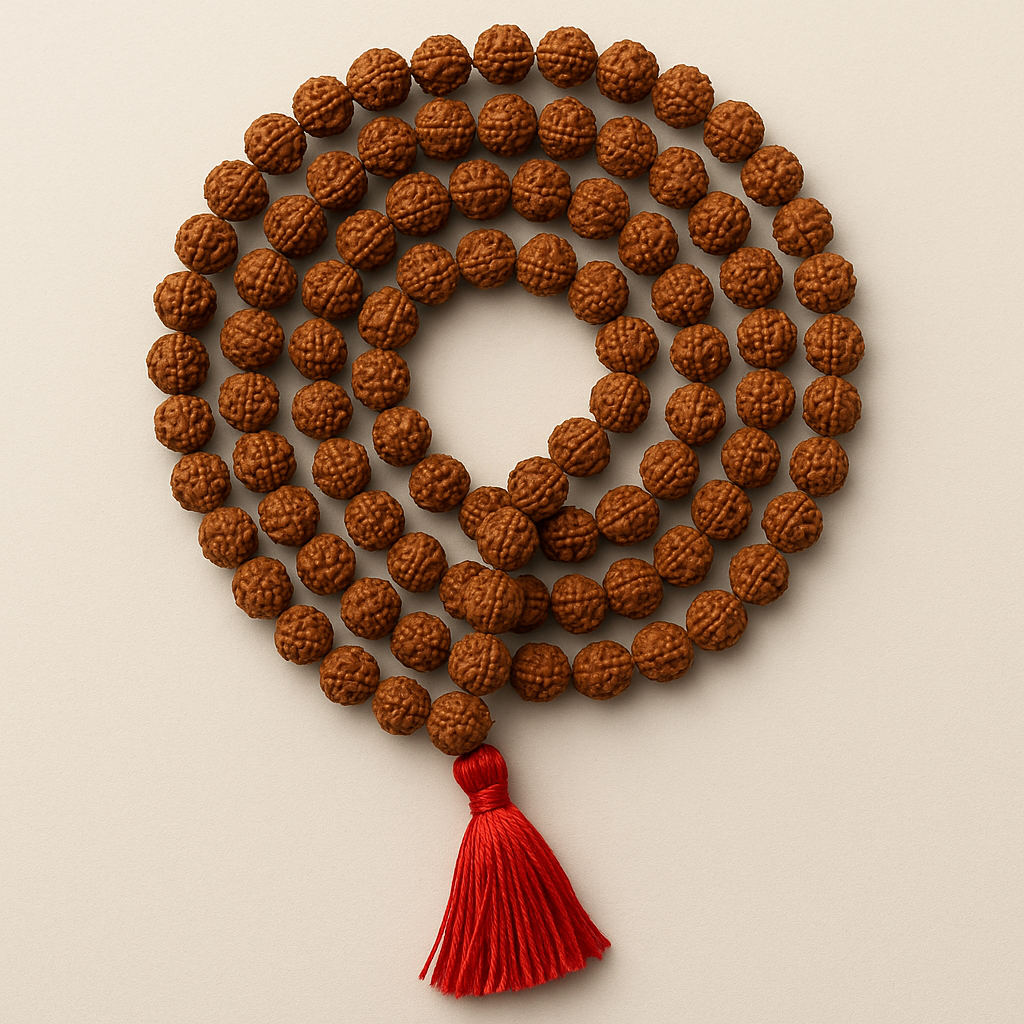 Rudraksha Jaap Mala (108 Beads) with Red Tassel – Authentic Spiritual Mala for Meditation & Protection