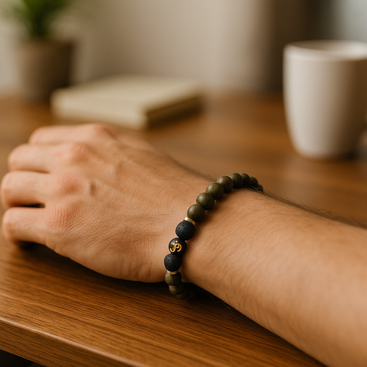 Black Lava & Raw Pyrite Om Bracelet – Wealth, Protection & Energy Balance
