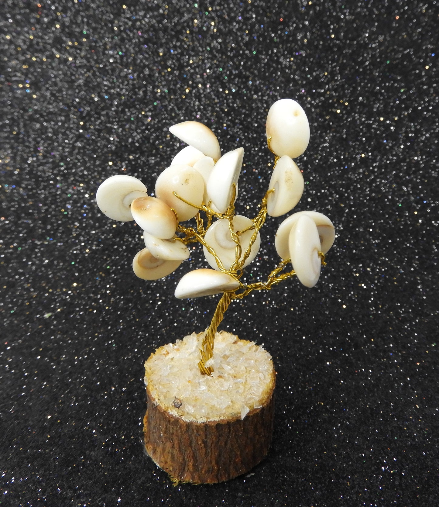 Handcrafted Seashell Gemstone Tree on Wooden Base