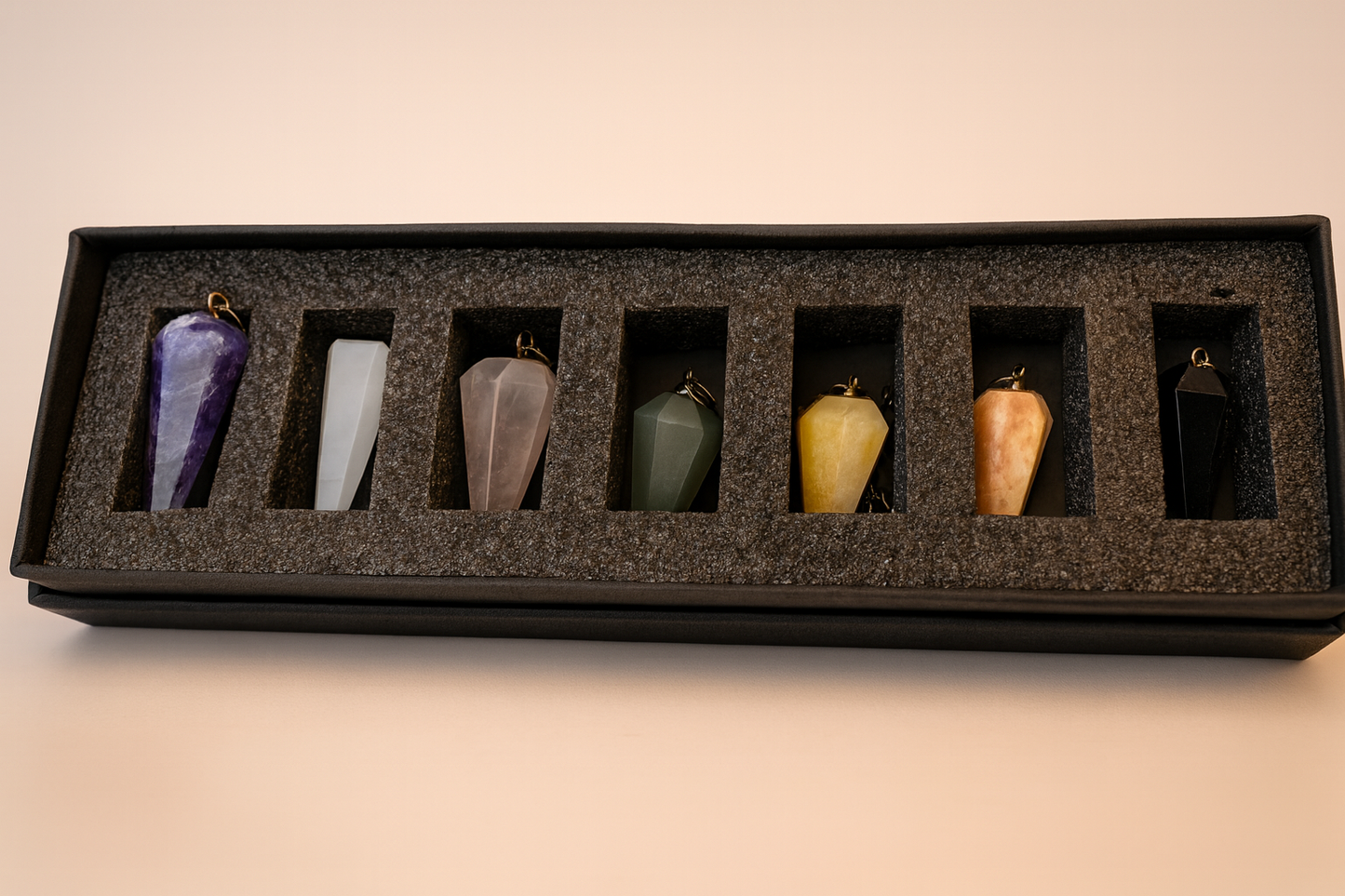 Natural Crystal Pendulum Set of 7 Stones – Healing, Meditation, Chakra Balancing, Dowsing Toolswser