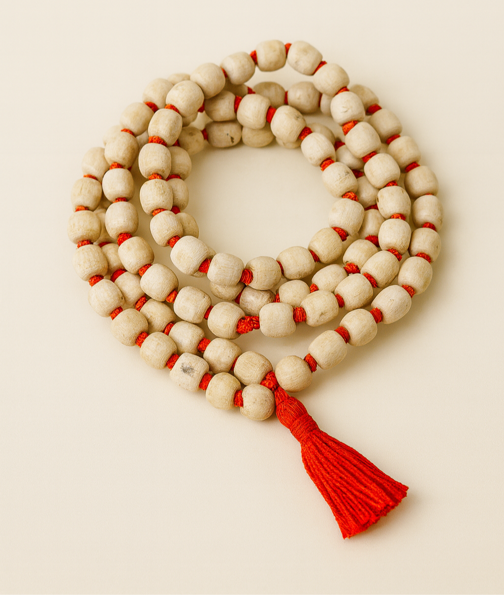 Tulsi Jaap Mala (108 Beads) with Red Tassel – Sacred Rosary for Meditation & Devotion