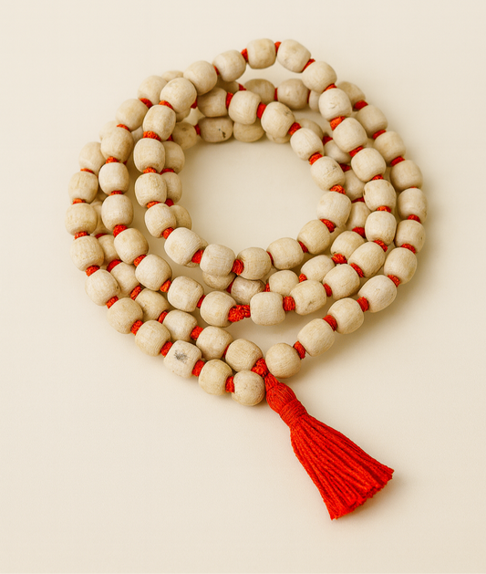 Tulsi Jaap Mala (108 Beads) with Red Tassel – Sacred Rosary for Meditation & Devotion
