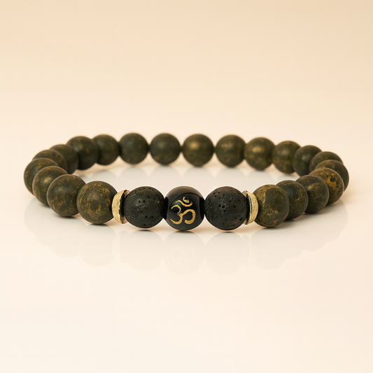 Black Lava & Raw Pyrite Om Bracelet – Wealth, Protection & Energy Balance