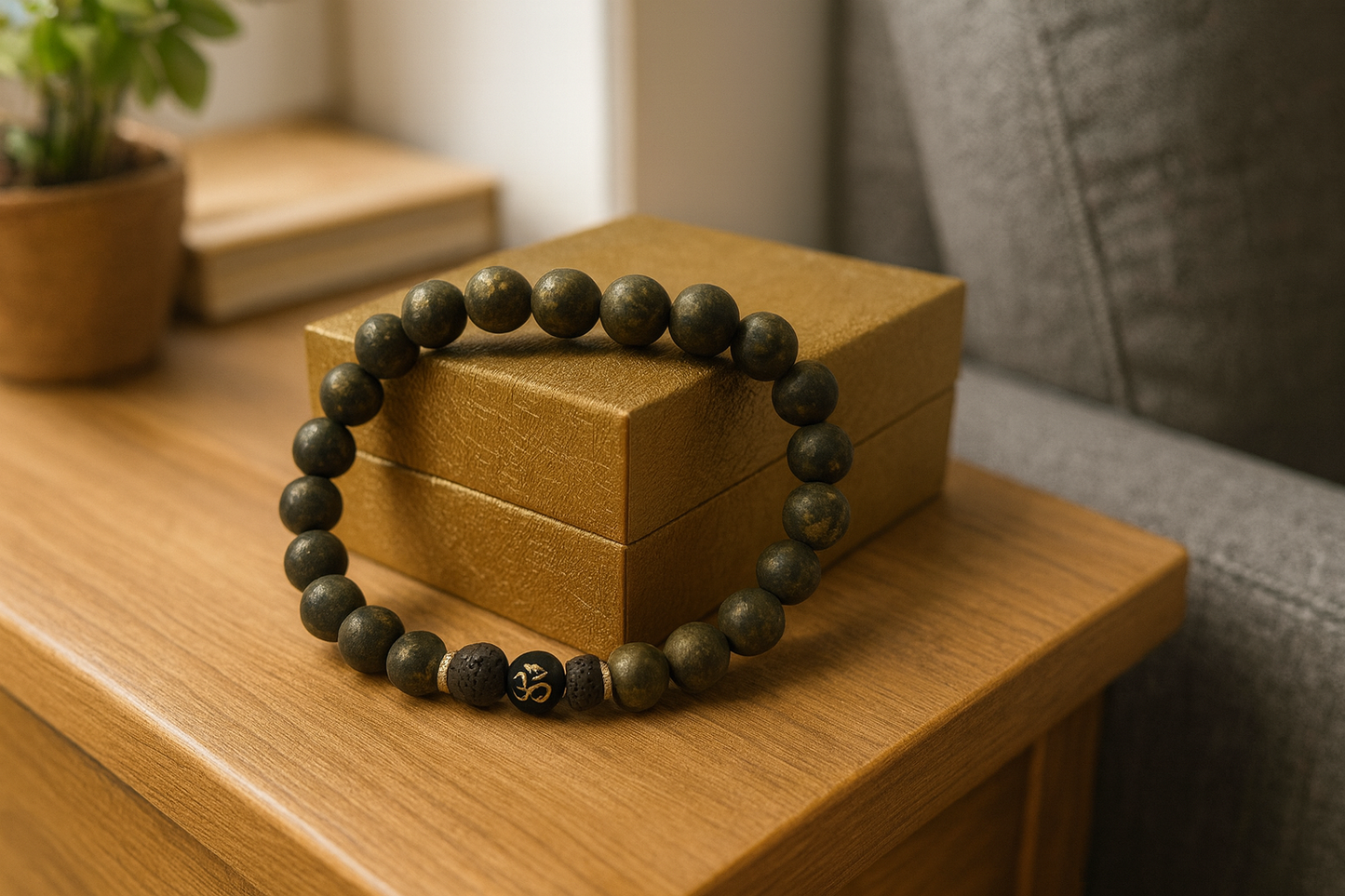Black Lava & Raw Pyrite Om Bracelet – Wealth, Protection & Energy Balance